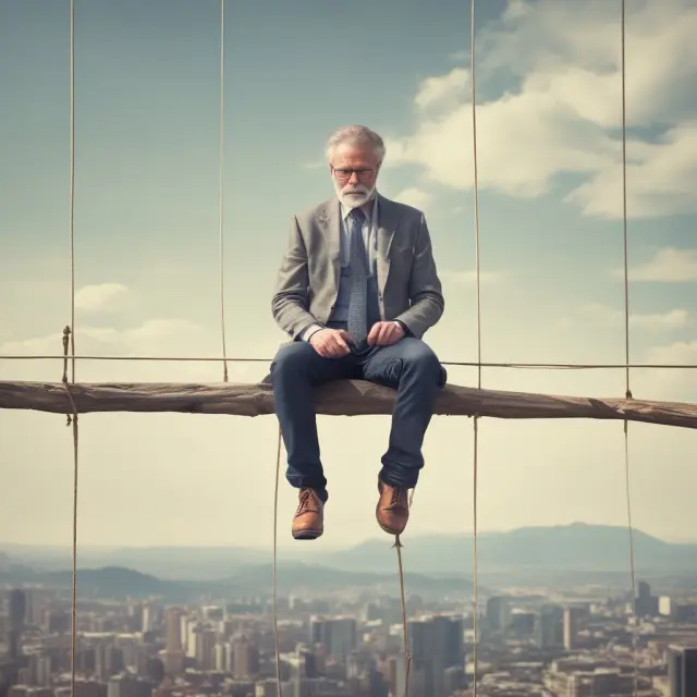 Anxious investor on a tightrope over a chasm, balancing fees of a whole life annuity against retirement security