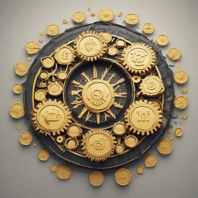 Golden gears turning in a circular economy, illustrating whole-life cost analysis with focus on environmental and financial factors.
