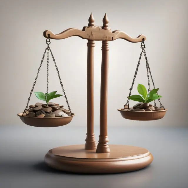 Balance scale weighing ethical principles against profit maximization in whole-life cost analysis