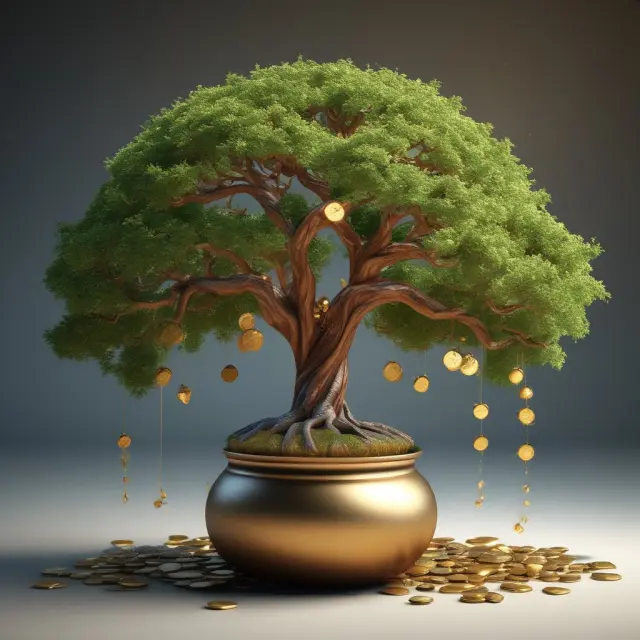 An ancient tree with gold coins growing from its roots represents the accumulated cash value and death benefit in a whole life insurance policy.
