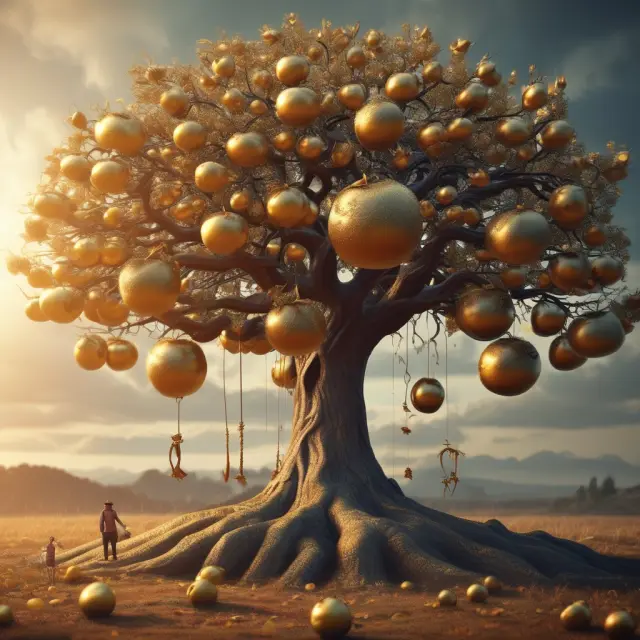 A golden tree adorned with apples representing cash value and financial riders illustrating policy features in whole life insurance