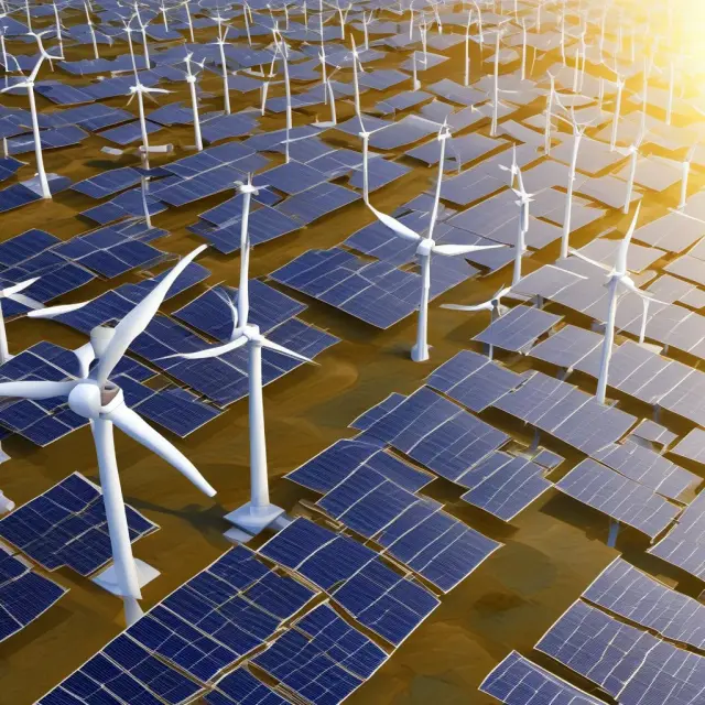Solar panels and wind turbines in action with ISOs, retailers, traders, and financial intermediaries engaging in a dynamic dance of energy trading
