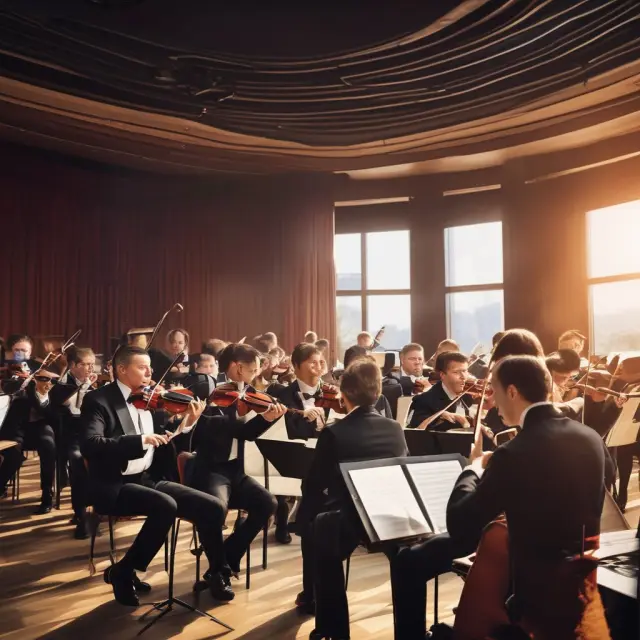 An orchestra with each player symbolizing an energy producer, retailer, financial intermediary, trader, ISO, and large consumer, creating a harmonious wholesale energy market