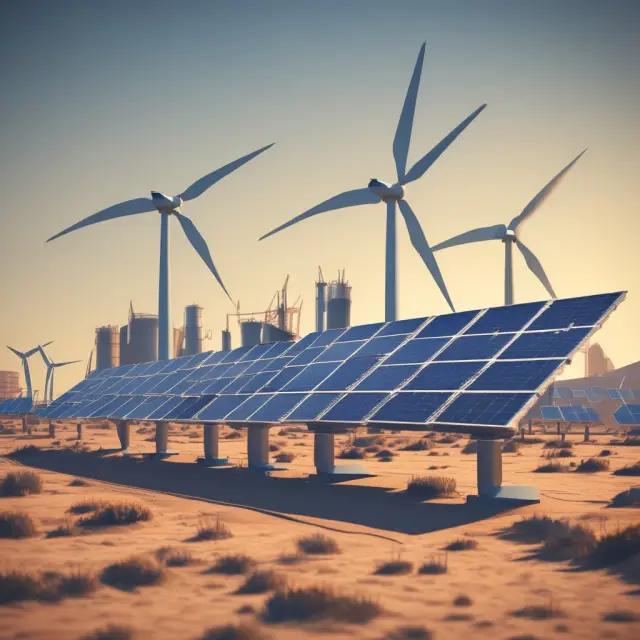 Image of wind turbines and solar panels interacting with traditional power plants in a wholesale energy market setting, emphasizing renewable integration