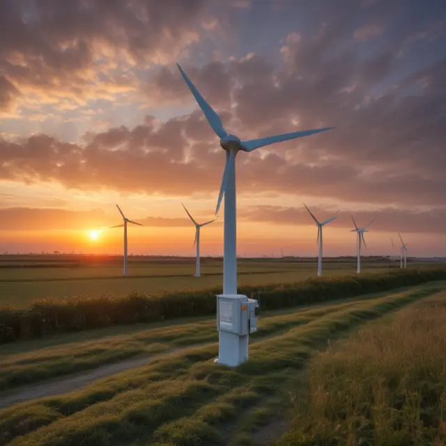 Wind turbine charging a battery as the sun rises, representing the integration of renewable energy into wholesale energy markets