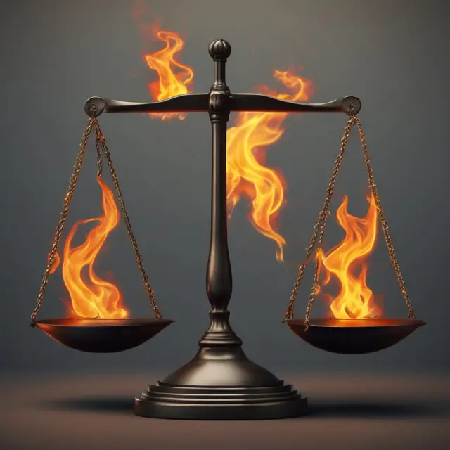 A balance atop a table with a fiery inferno on one side and a protective shield on the other, illustrating the risk-reward tradeoff in wholesale insurance.