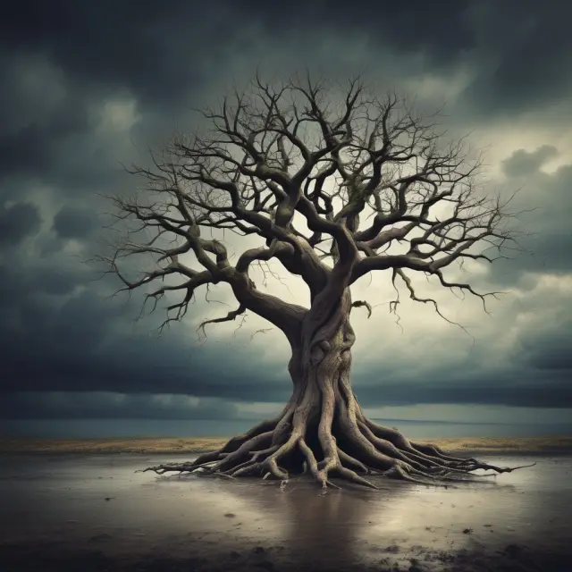 An ancient tree with fragile branches and stormy skies depicting wholesale funding vulnerability during a financial crisis. Deep roots symbolize the importance of strong financial foundations.