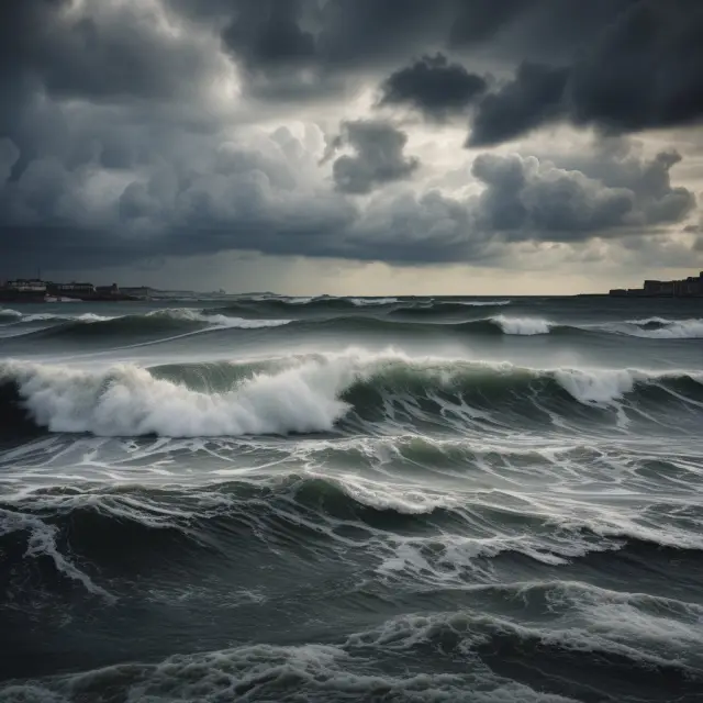 A tranquil sea with Basel III regulations depicted as a powerful storm calmly passing, leaving a stable financial system in its wake
