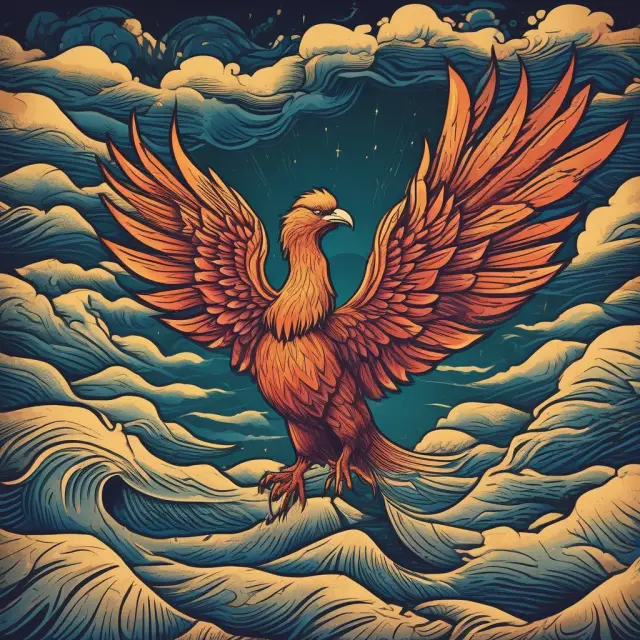 A mythical Phoenix rising from the water waves, surrounded by charts and data screens, represents the resilience and adaptability of wholesale money markets in a rapidly evolving landscape