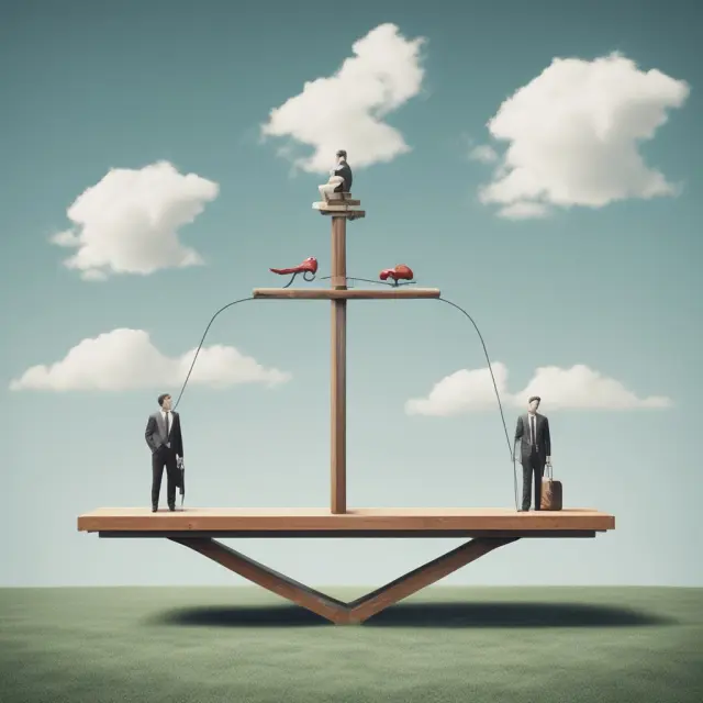 An image of a seesaw with two financial institutions symbolizing convenience and benefits (one side) and risks (the other side) in wholesale funding.