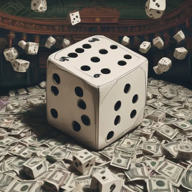 Giant dice representing various financial instruments in wholesale money markets rolling on a table, illustrating the risks and rewards of investing.