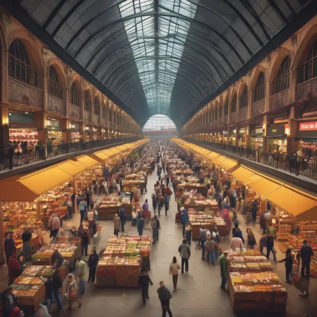 Busy marketplace scene featuring wholesalers engaging in business transactions between manufacturers and retailers, representing the economic significance of wholesale trade as an indicator.