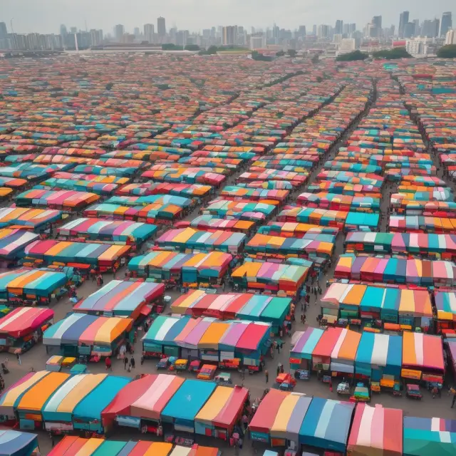 Vibrant marketplace featuring six stalls symbolizing Merchant Wholesalers, Agricultural Product Wholesalers, Electronic Markets, Automotive Dealers, Commission Merchants, and Miscellaneous Wholesalers