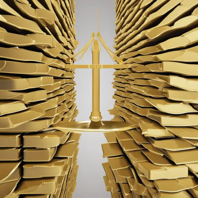 Golden scales balanced between baskets of sales and inventories, symbolizing the critical ratio in wholesale trade for assessing production growth
