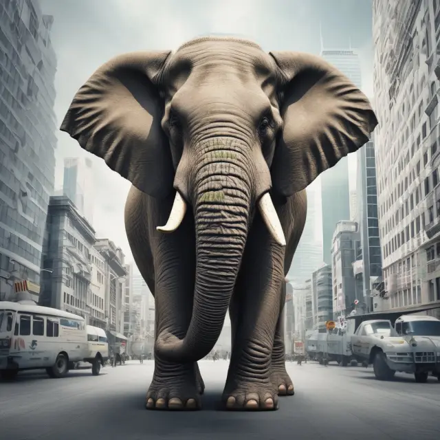 An elephant representing a corporation stands tall amidst various financial institutions at an interbank marketplace, symbolizing wholesale banking solutions for large organizations.