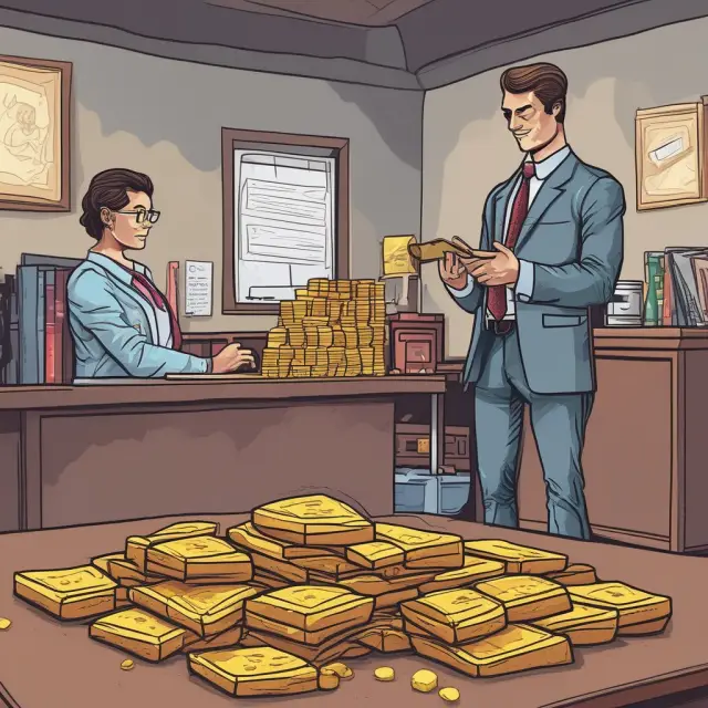 A SaaS company managing gold bars in offices, with a wise wholesale banker holding scales to balance benefits - reduced fees, simplified management, and consolidated services.