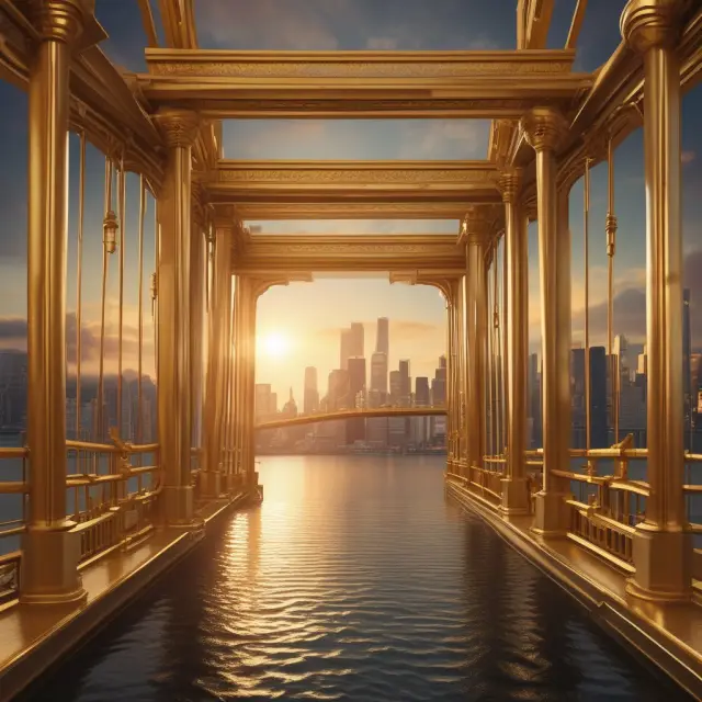 A golden bridge symbolizing the connection between corporations and the resilient castles of wholesale banks, emphasizing collaboration and trust in modern finance.