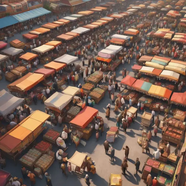 Busy market scene with wholesalers trading various products, representing bulk purchases and cost savings in the supply chain