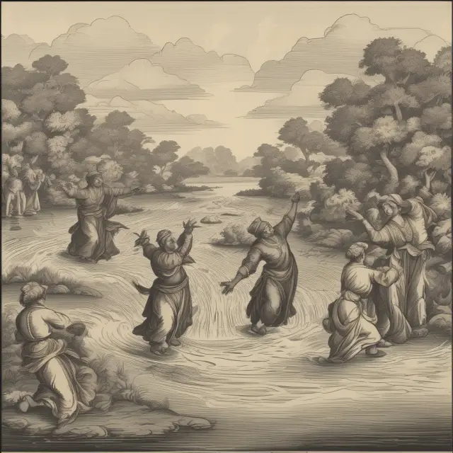Two dancers passing goods across a dynamic river, representing wholesalers exchanging products between manufacturers and retailers