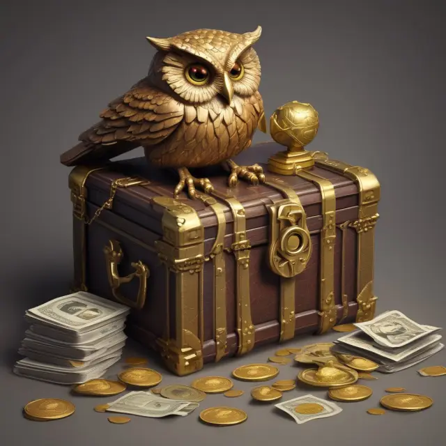 Wise owl guarding treasure chest filled with golden coins labeled 
