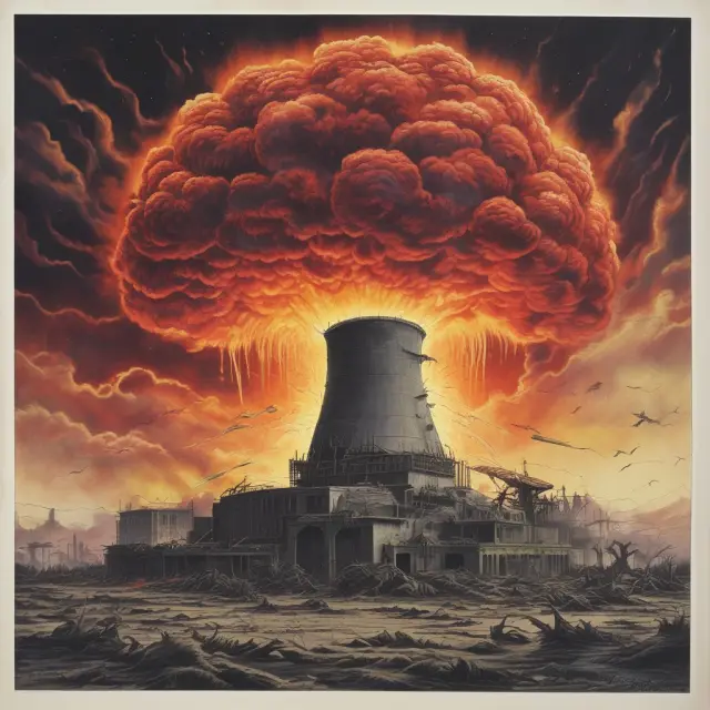 A nuclear phoenix rises from a pile of unfinished construction sites, symbolizing the Washington Public Power Supply System
