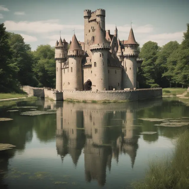 A castle with four connected moats representing economic moats: cost advantages, intangible assets, efficient scale, and switching costs.
