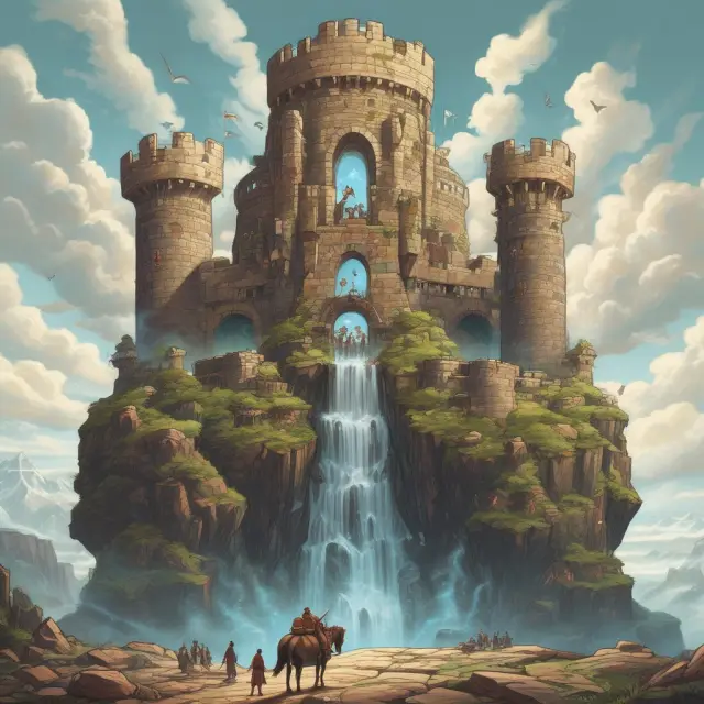Five elemental giants representing cost advantages, intangible assets, efficient scale, and switching costs form a protective ring around a fortress symbolizing long-term business success