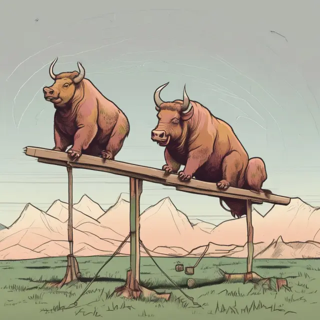 Bull and bear figures on a seesaw represent wide-ranging days