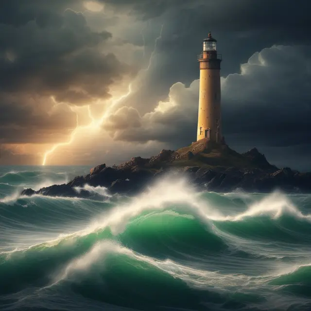 Stormy sea symbolizing volatile financial markets with a lighthouse revealing wide-ranging days identified using the volatility ratio