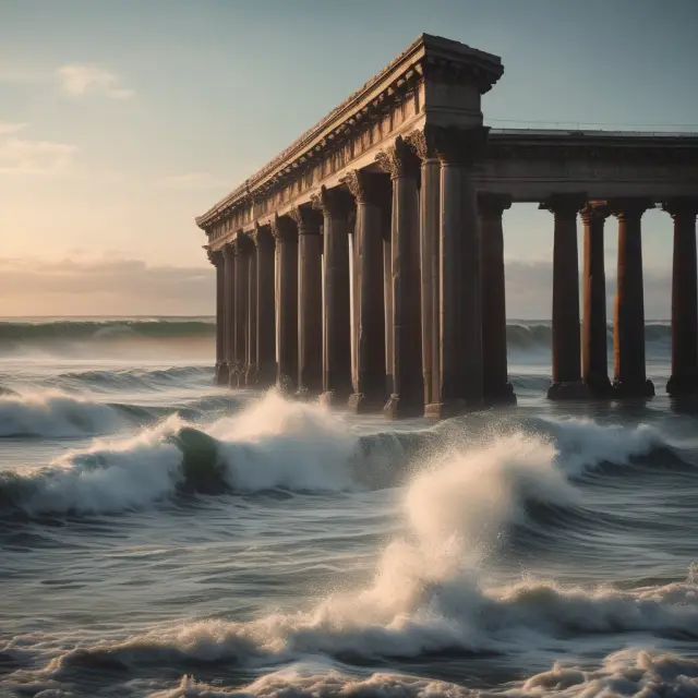 A tranquil ocean with waves symbolizing financial market volatility. Each wave represents a wide-ranging day, indicating potential trend reversals and shifts in the market.
