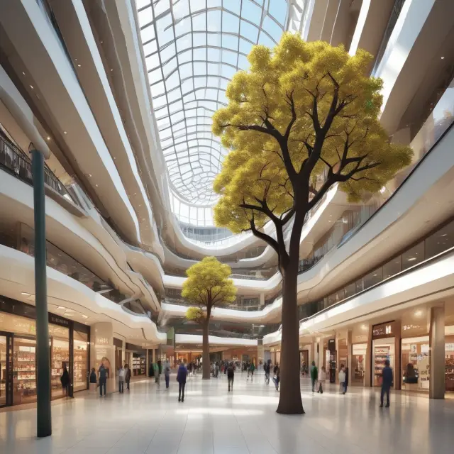 A shopping mall with various stores branching out from a central tree trunk, representing the trade-off between wide variety and deep assortment merchandising strategies