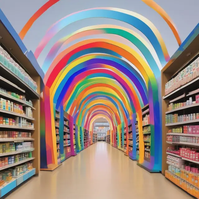 A rainbow bridge connects different retailers, symbolizing their wide variety strategies catering to diverse customer needs.