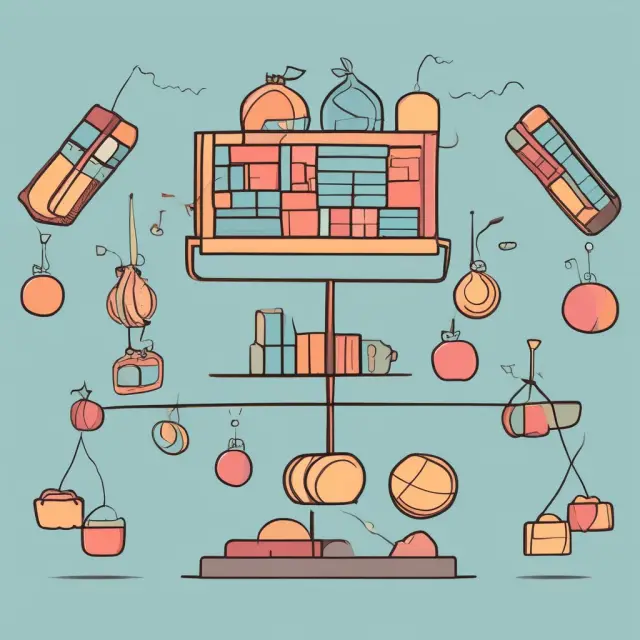 Seesaw with baskets symbolizing merchandise balancing inventory management (stock levels), pricing, and product rotation