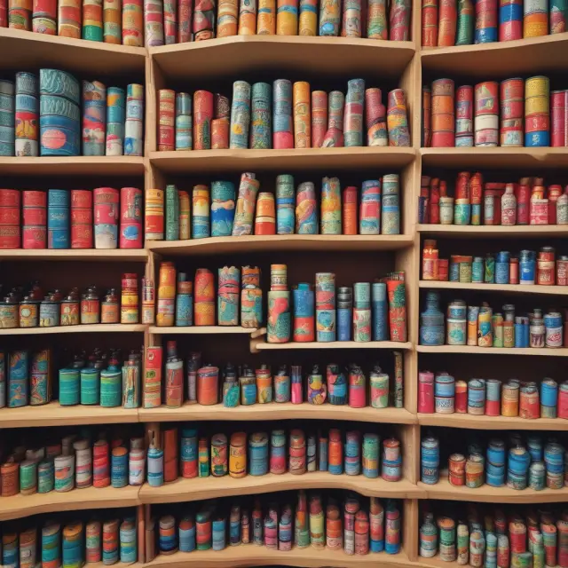 Wide variety merchandising strategy illustrated with a kaleidoscope of goods and a labyrinthine shelf, emphasizing extensive product selection.
