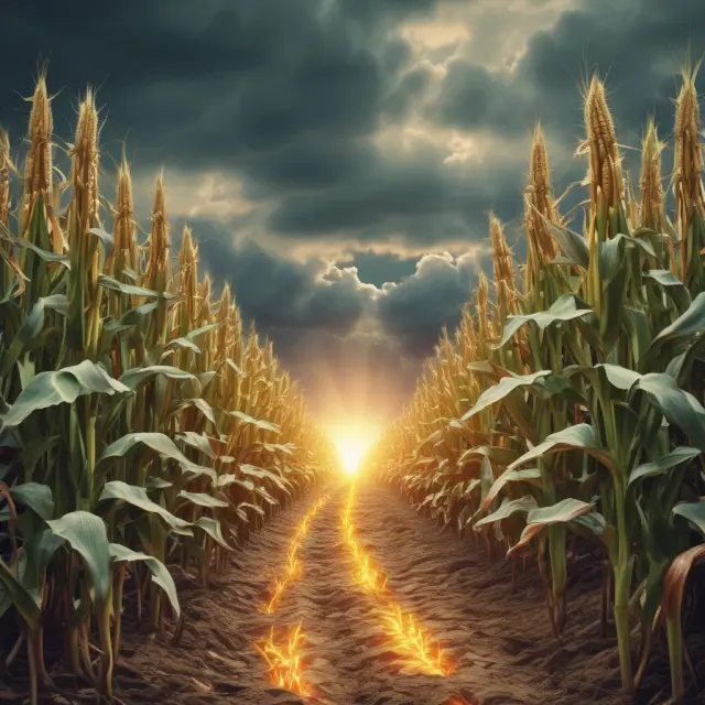 A wide basis depicted as a deep chasm between corn stalks representing spot prices and their futures counterparts, highlighting potential arbitrage opportunities