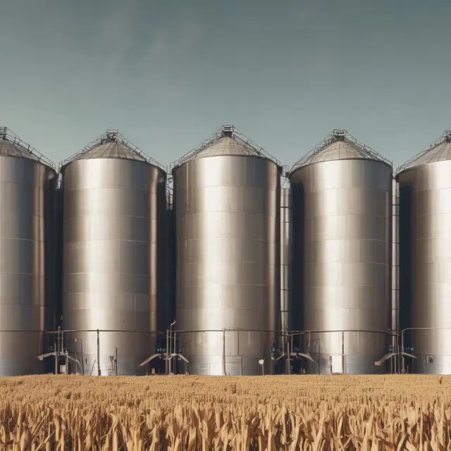 Grain silos symbolizing spot prices and futures contracts in the air representing wide basis due to illiquidity or high carrying costs