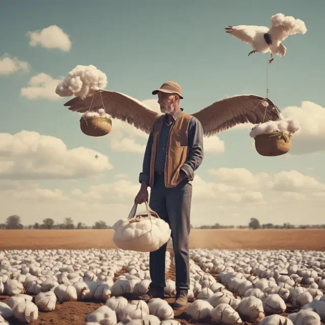 Farmer weighing cotton while futures contracts fly above, symbolizing a wide basis in commodities markets.