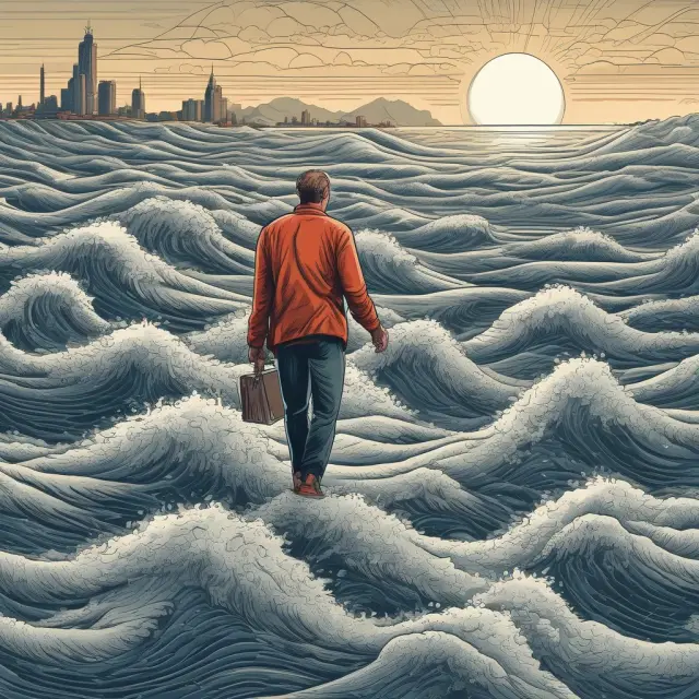 A skilled commodity trader manages wide basis risk by steering through a sea of interconnected futures contracts and spot prices, with turbulent waves symbolizing potential risks.