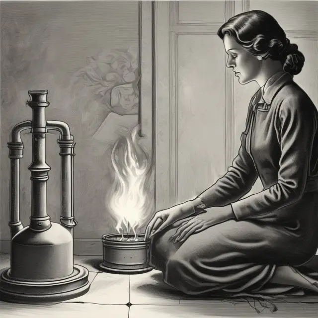Widow weighing options with two unstable natural gas futures, illustrating risk vs. reward in widow maker trades.