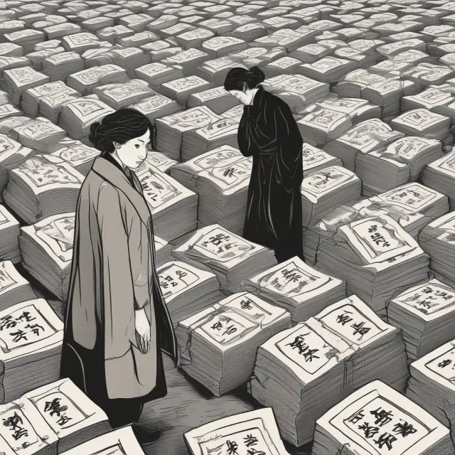 An image of a grieving widow amidst an ocean of Japanese government bonds, representing the risks and potential losses associated with widow maker trades