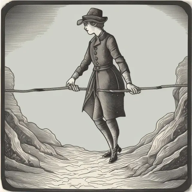 Widow maker trader on a tightrope, holding the Joker card symbolizing high-risk, high-reward investments.