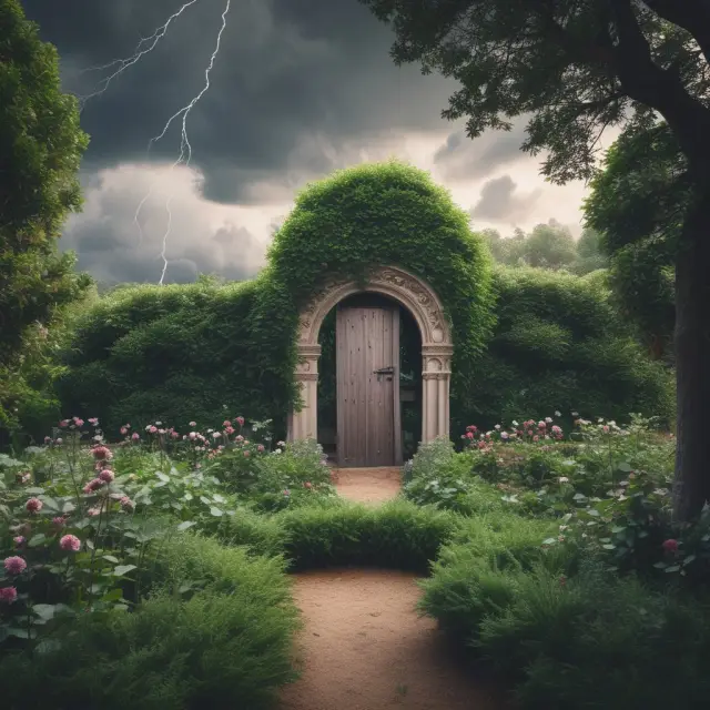A serene garden is fortified by a protective shield against widow maker financial storms