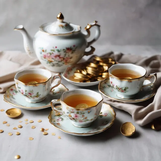 Grandma serving tea with gold coins symbolizing widow-and-orphan stocks
