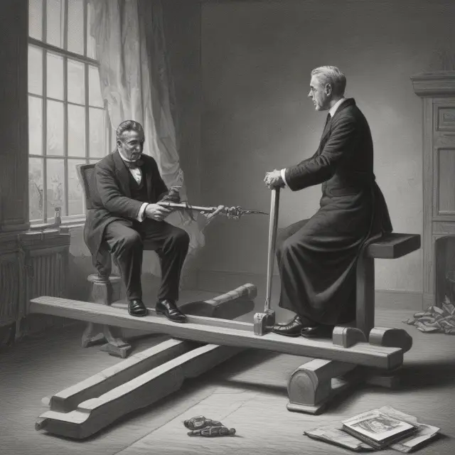Institutional investors analyzing widow-and-orphan stocks, with seesaw representing the balance between dividends, market trends, and economic regulations.