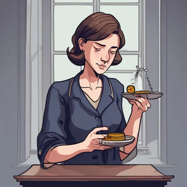 A widow holding a scale weighing two financial support sources: a lump sum Widow