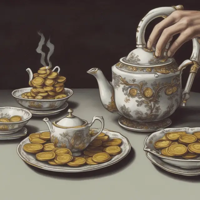 A widow serving tea to her children on a gold plate signifying the financial assistance from a widow