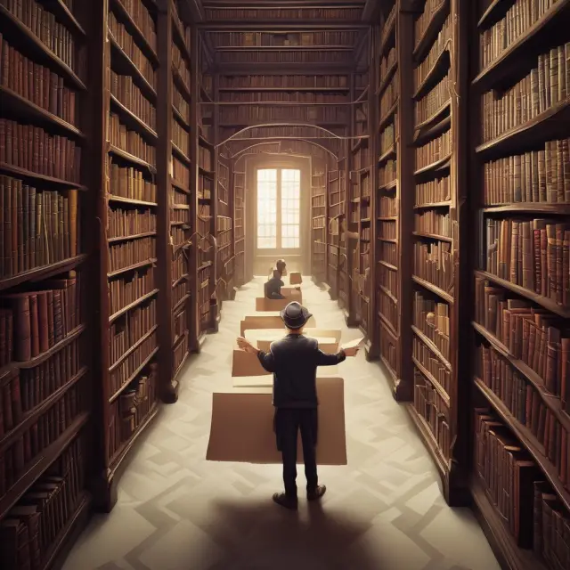 An investor holding a map delves into a vast library, surrounded by books on institutional investments, widow