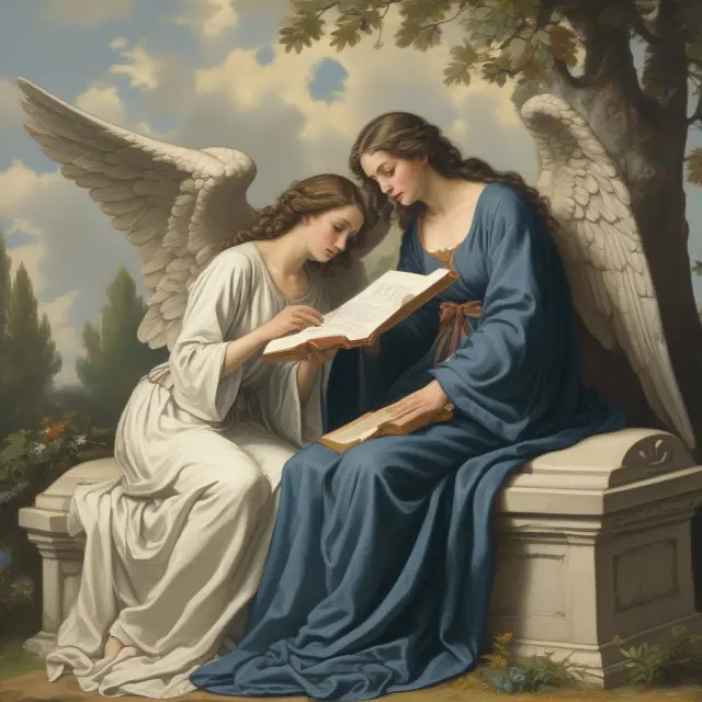 An angel offering tax relief to a grieving widow through a scroll, illustrating the federal tax benefits available to surviving spouses