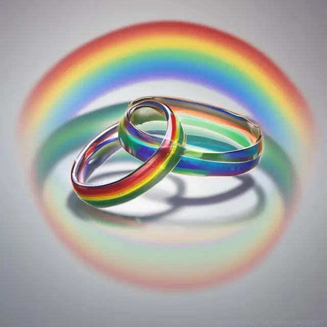 A rainbow arching over two intertwined wedding rings, symbolizing the IRS