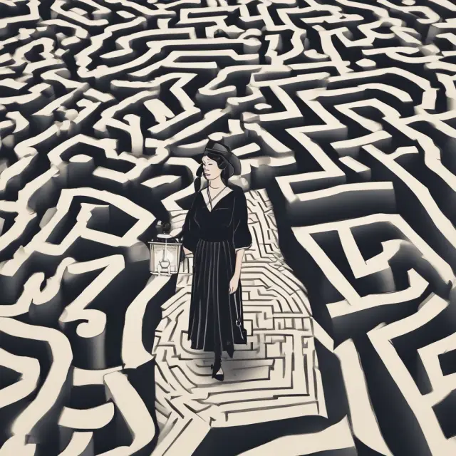 A wealthy widow illuminated by a lantern in a complex maze, emphasizing estate tax navigation